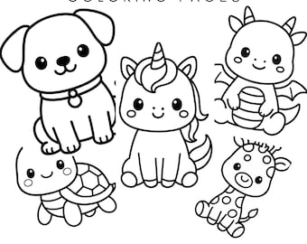 50 Kawaii Coloring Pages for Kids – Animals Printable PDF – Instant Download