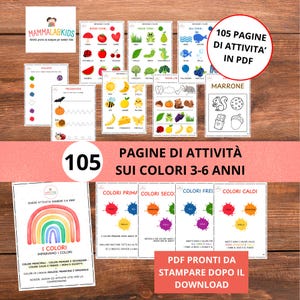 Pacchetto Schede Attività sui Colori — 105 pagine di attività per bambini 3-6 anni | PDF A4 stampabile italiano + colori in Lingua Eng/Fr/Es