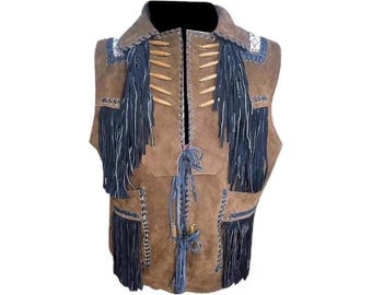 Men's Suede Leather Western Vest – Handmade Fringe Beaded Cowboy Waistcoat