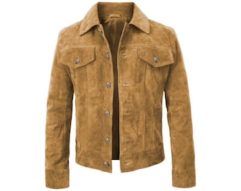 Men's Blue Suede Leather Biker Moto Trucker Jacket, Retro Vintage