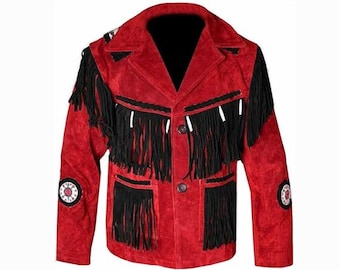 May include: Red suede jacket with black fringe detailing. The jacket features a notched collar, two front pockets, and decorative patches on the sleeves. The jacket has a button-up closure.