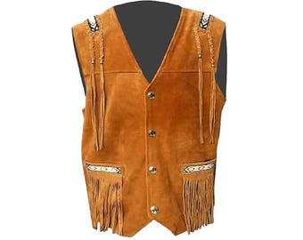 Brown Suede Western Vest for Men – Handmade Beaded Fringe Cowboy Waistcoat