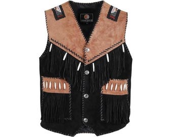 Men's Suede Leather Western Vest – Handmade Fringe Beaded Cowboy Waistcoat
