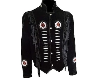 Black Suede Leather Western Jacket | Fringe, Beads, Tassels
