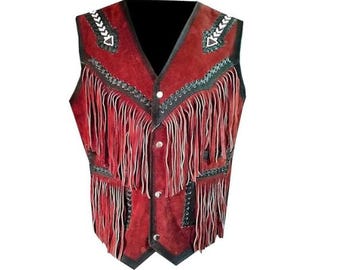 Red Suede Leather Western Vest – Handmade Fringe Cowboy Waistcoat