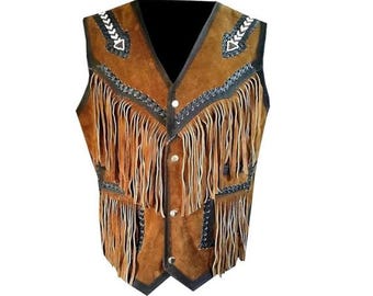 Brown Suede Leather Western Vest – Handmade Fringe Beaded Cowboy Waistcoat