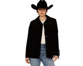 May include: A black suede jacket with fringe detailing and a button-up front. The jacket is paired with a black cowboy hat and blue jeans. The jacket has a classic western style.