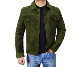 Handmade Suede Leather Trucker Jacket – Vintage Western Biker Coat, Denim Collar