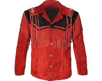 May include: A red suede jacket with black accents and fringe detailing. The jacket features a classic collar, button-down front, and decorative embroidery on the shoulders. A stylish western-inspired garment.