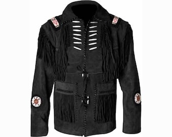 Mens Black Suede Western Jacket | Vintage Cowboy Buckskin Fringe Coat