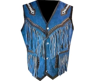 Blue Suede Leather Western Vest - Handmade Fringe Beaded Cowboy Waistcoat