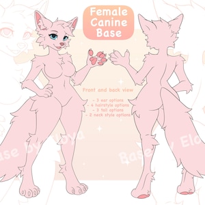 May include: A pink canine base illustration with front and back views. The image includes options for ears, hairstyles, tails, and neck styles. Text on the image reads "Female Canine Base".