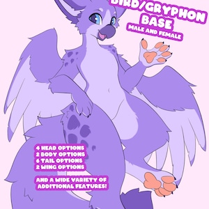 May include: A digital illustration of a purple anthropomorphic bird-gryphon creature with blue eyes and peach-colored paw pads. Text reads: BIRD/GRYPHON BASE, MALE AND FEMALE, 4 HEAD OPTIONS, 2 BODY OPTIONS, 6 TAIL OPTIONS, 2 WING OPTIONS, AND A WIDE VARIETY OF ADDITIONAL FEATURES!