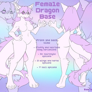 May include: A digital character reference sheet titled Female Dragon Base, showing front and back views of a light purple anthropomorphic dragon creature with long hair, a large tail, and paw-like hands, including text listing body and accessory options.