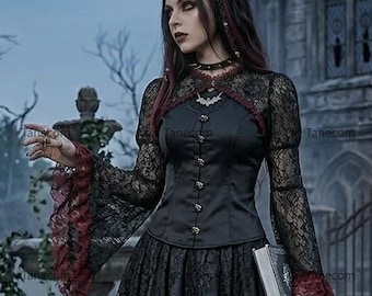 Gothic Schwarz Rot Barock Spitze Cape, Viktorianischer Bolero, Gothic Spitzen Bolero
