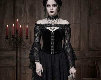 Gothic Mesh Bell Sleeves Finger Hook Lace Cape, Victorian Cape, Gothic Velvet Bolero