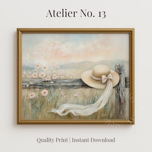 Rustic Summer Sunhat on Fence Post Printable - Vintage Cottagecore Art, Cozy Pastoral Scene with Wildflowers, Digital Wall Art 830