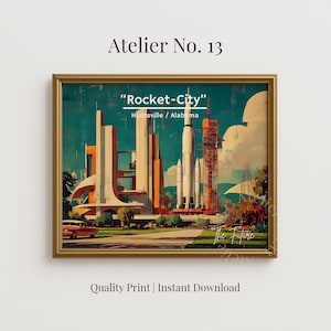 May include: A framed art print titled "Rocket-City" depicting a retro-style cityscape with rockets and futuristic buildings in shades of orange, white, and teal. The print includes the text "Huntsville / Alabama" and "The Future".