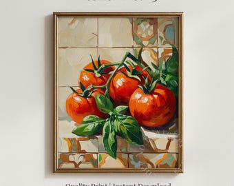 Ripe Red Tomato Still Life Painting, Vintage Farmhouse Kitchen Art (Digital Download) 205
