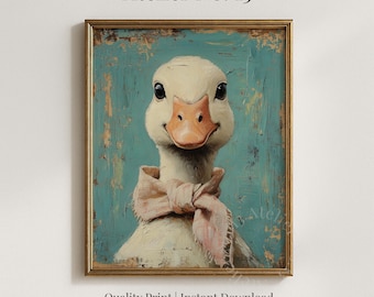 Charming Vintage Goose Painting with Pink Scarf, Cozy Farmhouse Wall Art (Digital Download) 147