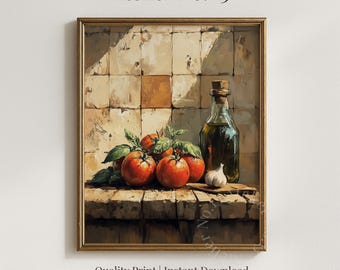Classic Italian Kitchen Still Life, Rustic Red Tomato and Garlic Art (Digital Download) 207