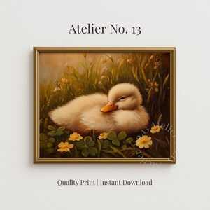 May include: A framed print featuring a resting duckling in a field of grass and yellow flowers. The duckling has soft, cream-colored feathers and an orange beak. The print is labeled "Atelier No. 13" and "Quality Print | Instant Download".