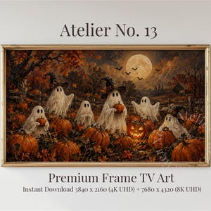 Puede incluir: Una impresión de arte digital enmarcada titulada Atelier No. 13 que muestra una escena de Halloween con fantasmas blancos con sombreros puntiagudos entre calabazas naranjas en un campo bajo la luna llena. El texto dice Premium Frame TV Art.