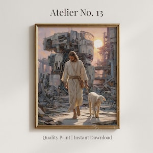 May include: Framed art print titled "Atelier No. 13" featuring a figure in white robes walking with a lamb through a post-apocalyptic landscape. The background includes a large mechanical structure and a setting sun. The text "Quality Print | Instant Download" is at the bottom.
