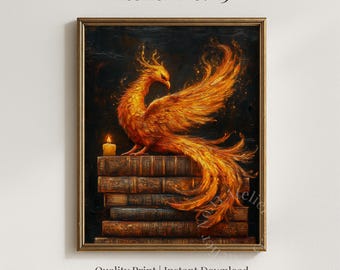 Majestic Phoenix on Books Illustration, Dark Academia Wall Art (Digital Download) 120