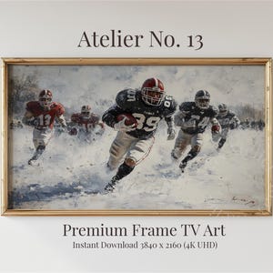 May include: A framed painting depicts a football game in a snowy setting. Players in red and black uniforms run with the ball. The artwork is labeled "Atelier No. 13" and "Premium Frame TV Art". The image is a 4K UHD instant download.