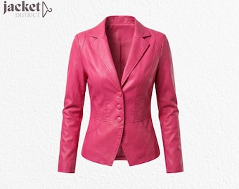 Real Magenta Pink Lambskin Blazer, Tailored Slim Fit Leather Jacket, Luxury Soft Handmade Coat, Unique Gift for Wife