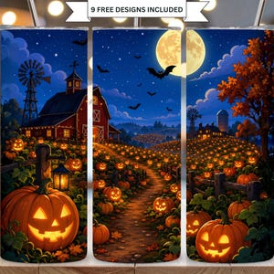 Halloween Pumpkin Patch Tumbler Wrap PNG Moonlit Farm Jack O Lantern 20oz Skinny Tumbler Sublimation Digital Download