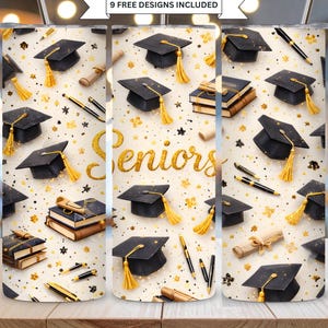 May include: A white tumbler with a graduation theme. It features black mortarboards with gold tassels, books, pens, and scrolls. The word "Seniors" is written in gold script. The design includes gold stars and confetti.