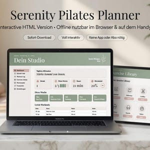 Könnte beinhalten: Ein Laptop und ein Tablet zeigen eine Pilates-Planer-Oberfläche. Der Laptop-Bildschirm zeigt "Dein Studio" und Workout-Details. Das Tablet zeigt eine "Exercise Library". Das Bild enthält Text: "Serenity Pilates Planner" und "Interactive HTML Version."
