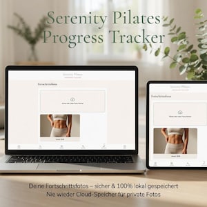 May include: A laptop and tablet display a Pilates progress tracker interface. The screen shows a photo placeholder and the text "Serenity Pilates Progress Tracker." The image also includes a rolled-up yoga mat and greenery.