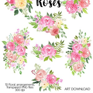 Watercolor Flower Clipart Peonies and Roses, Floral clipart, Hand painted clip art, Digital clipart, Flower watercolor png, Floral border image 3