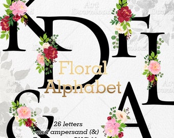 Clip Art Floral Alphabet, Wedding Monogram Letters, Floral Initials, Floral Alphabet Clipart, Floral Font, Logo Design, Clip Art Alphabet