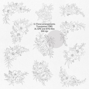 May include: Eleven black and white line drawings of floral arrangements. The flowers are stylized and include peonies, lilies, and other blooms. The drawings are on a white background.