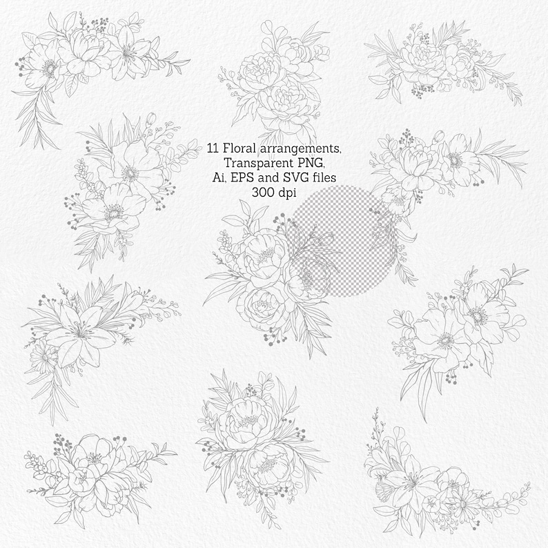 May include: Eleven black and white line drawings of floral arrangements. The flowers are stylized and include peonies, lilies, and other blooms. The drawings are on a white background.