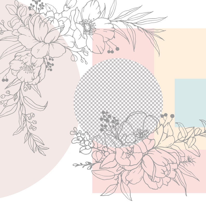 May include: A digital illustration of a floral design with gray outlines on a background of pastel pink, peach, and blue geometric shapes.