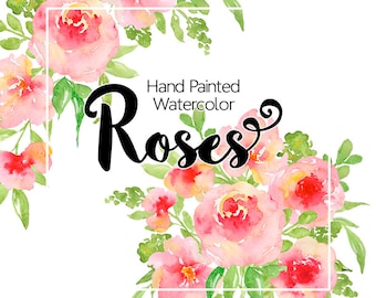 Digital floral clipart - Watercolor flower clipart, Pink rose watercolor clipart, Watercolor Bouquets, Hand Painted clipart flowers