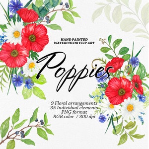 Poppies Watercolor Clipart, Summer Flowers, Floral Clipart, Watercolor, Clip Art Flowers, Wild Flowers Clioart, Wedding Clipart, PNG flowers