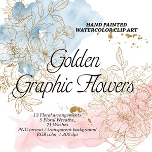 Gouden grafische bloemen illustraties, clipartbloem, bruiloft clipart, afdrukbare bloem, handgeschilderde bloemen, logo-elementen, gouden kransen