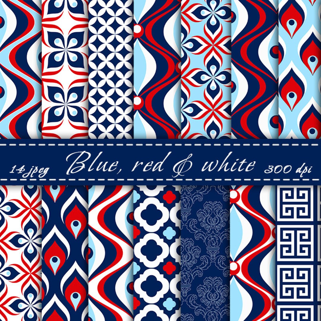 Blue Red and White Digital Paper Digital Scrapbooking Paper Pack ...