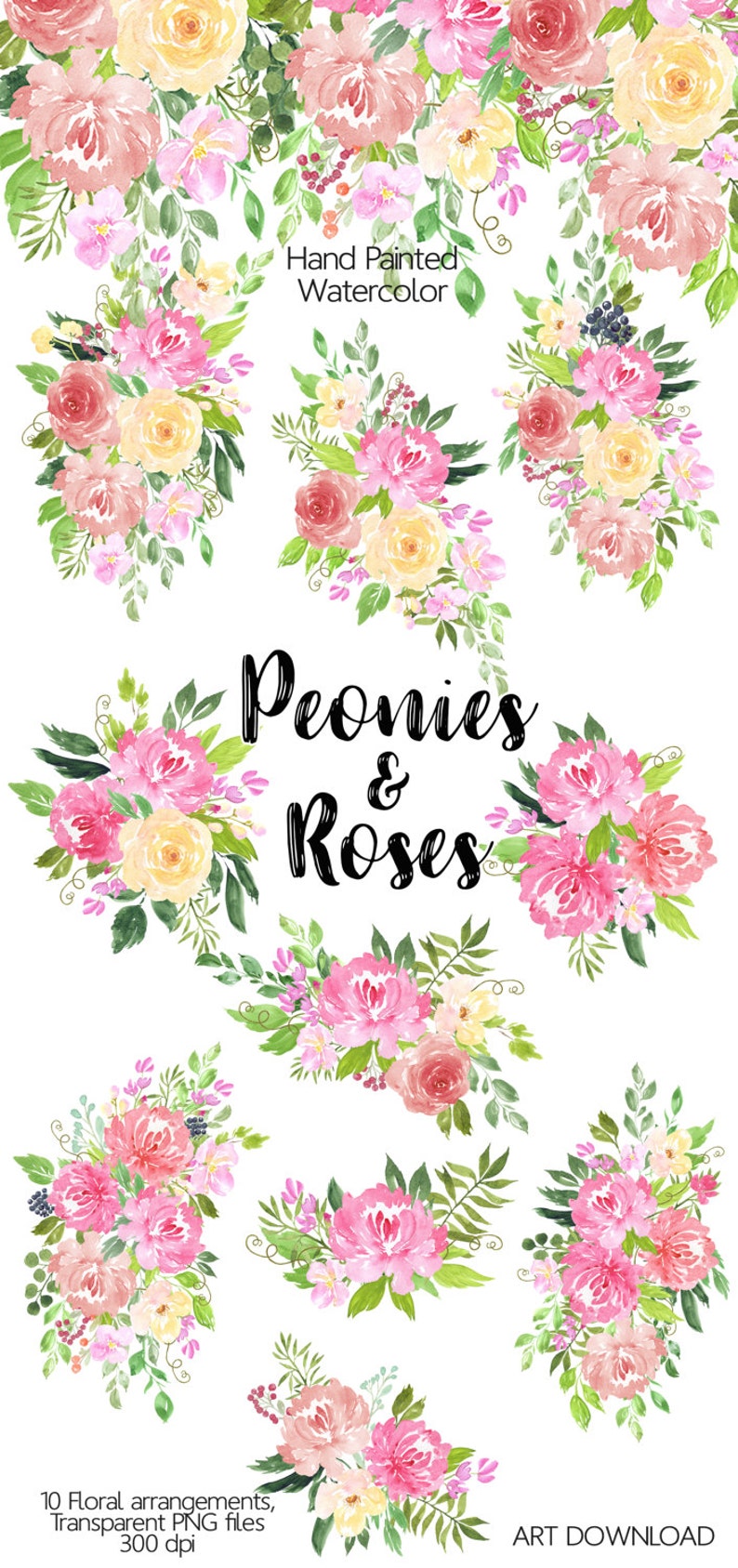 Watercolor Flower Clipart Peonies and Roses, Floral clipart, Hand painted clip art, Digital clipart, Flower watercolor png, Floral border image 3