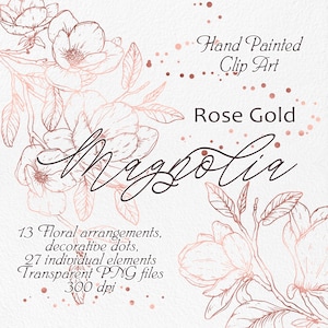 Magnólia em ouro rosa, flor gráfica, flores desenhadas à mão, clipart de flor de magnólia, clipart de casamento, clipart de flor em ouro rosa, contorno de flor