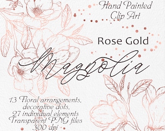 Rose Gold Magnolia, Graphic Flower, Hand Drawn Flowers, Clipart Magnolia Flower, Wedding Clipart, Rose Gold Flower Clip art, Flower Outline