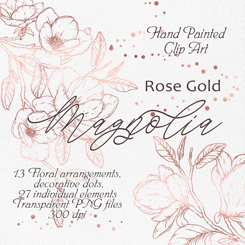 Rose Gold Magnolie Grafik Blume von Hand gezeichnet Blumen - Etsy.de