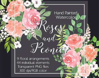 Watercolour Flower Clip Art - Watercolor Roses and Peonies, Digital Clipart flowers, Floral border, Floral clipart, Watercolor Flowers png