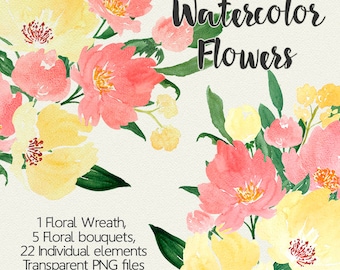 Watercolor flower clipart - Hand painted floral clip art, Watercolor Floral Bouquet, Flowers wreath clip art, Romantic blooms clipart